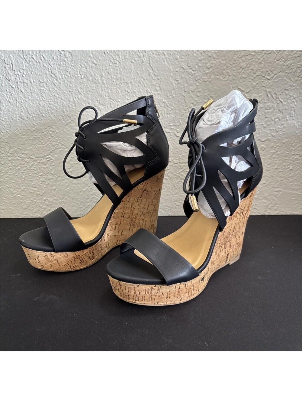 Heart in D Black Cutout Lace-Up Cork Wedge Sandals Size 6.5